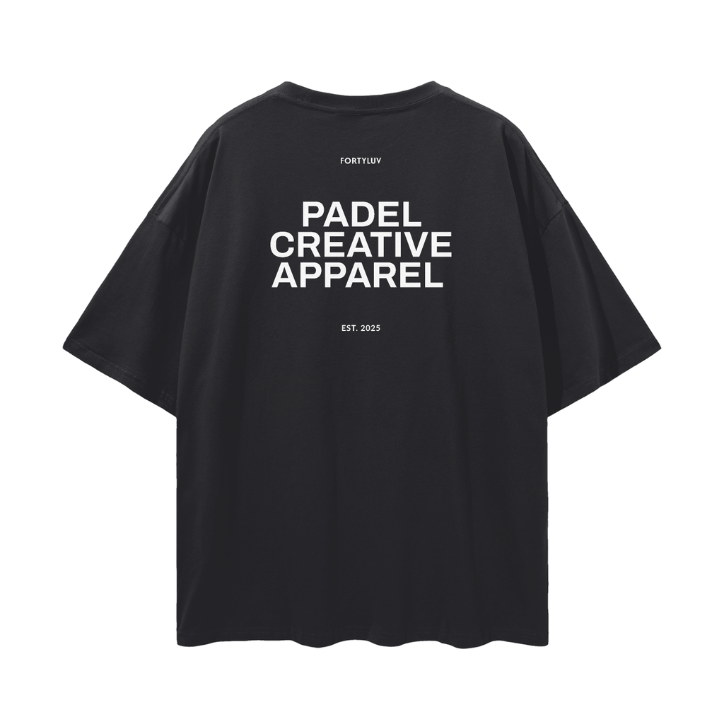 Black t-shirt with 'PADEL CREATIVE APPAREL' text on the back against a white background