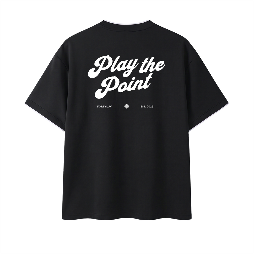 Black t-shirt with 'Play the Point' text on the back