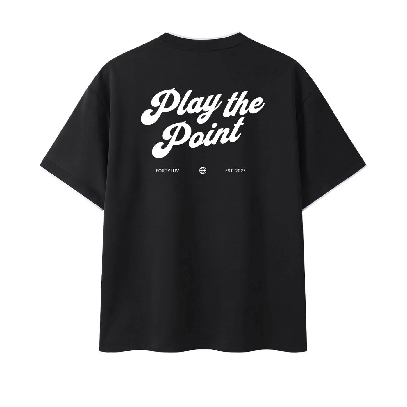Black t-shirt with 'Play the Point' text on the back