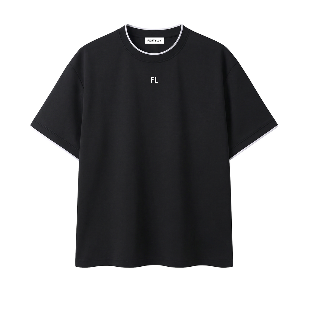 Black t-shirt with 'FL' logo on a white background