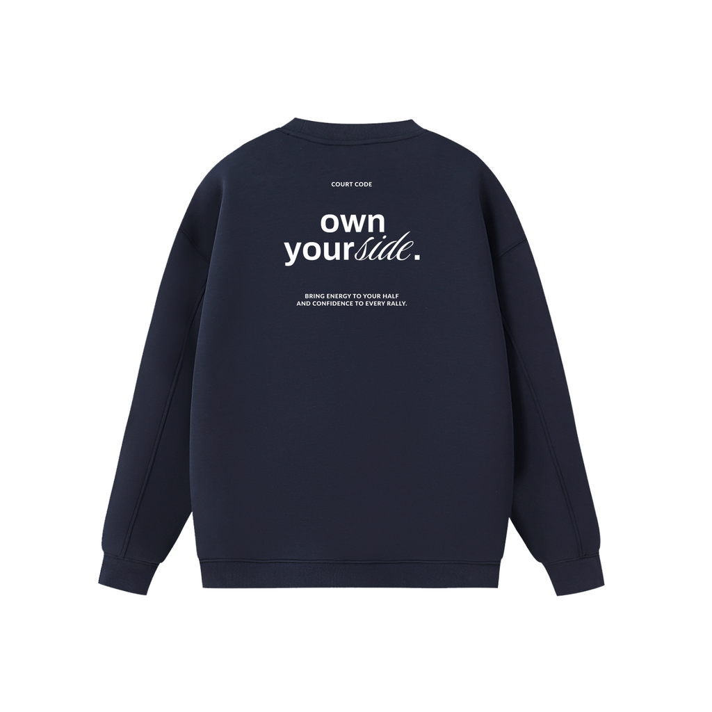 Navy blue sweatshirt with white text on the back on a white background