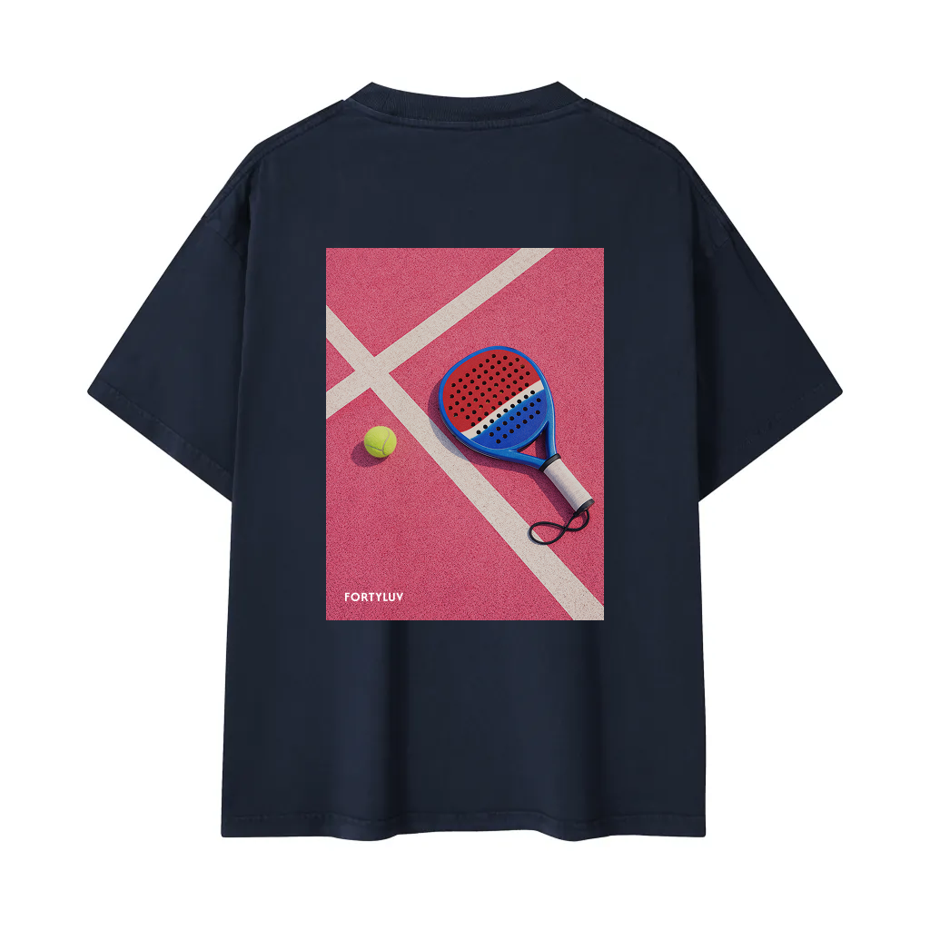 Navy blue t-shirt with a graphic of a paddle and ball on a pink background, brand 'FORTYLUV' visible.