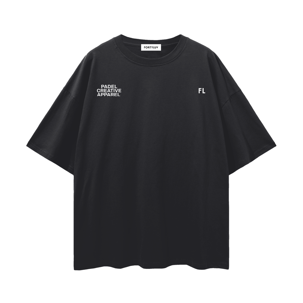 Black padel t-shirt with white text on a white background