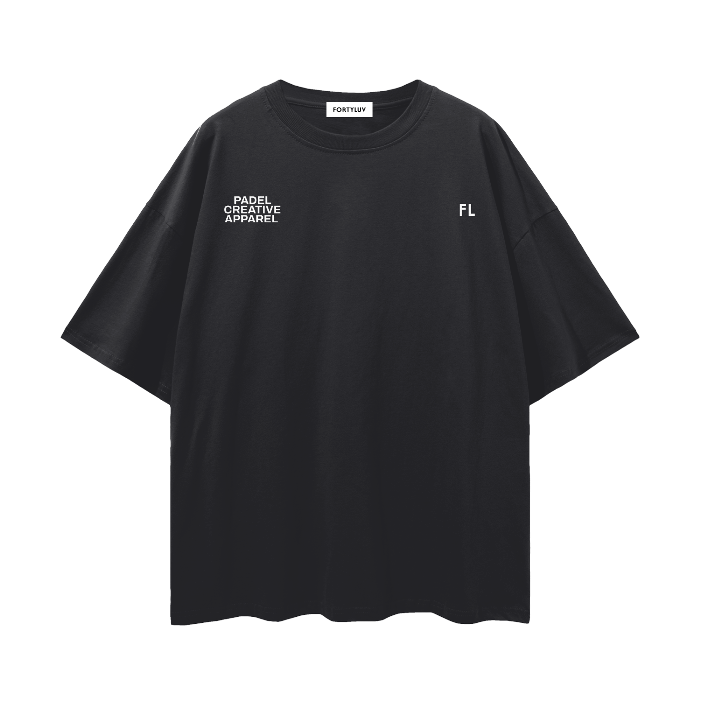 Black padel t-shirt with white text on a white background