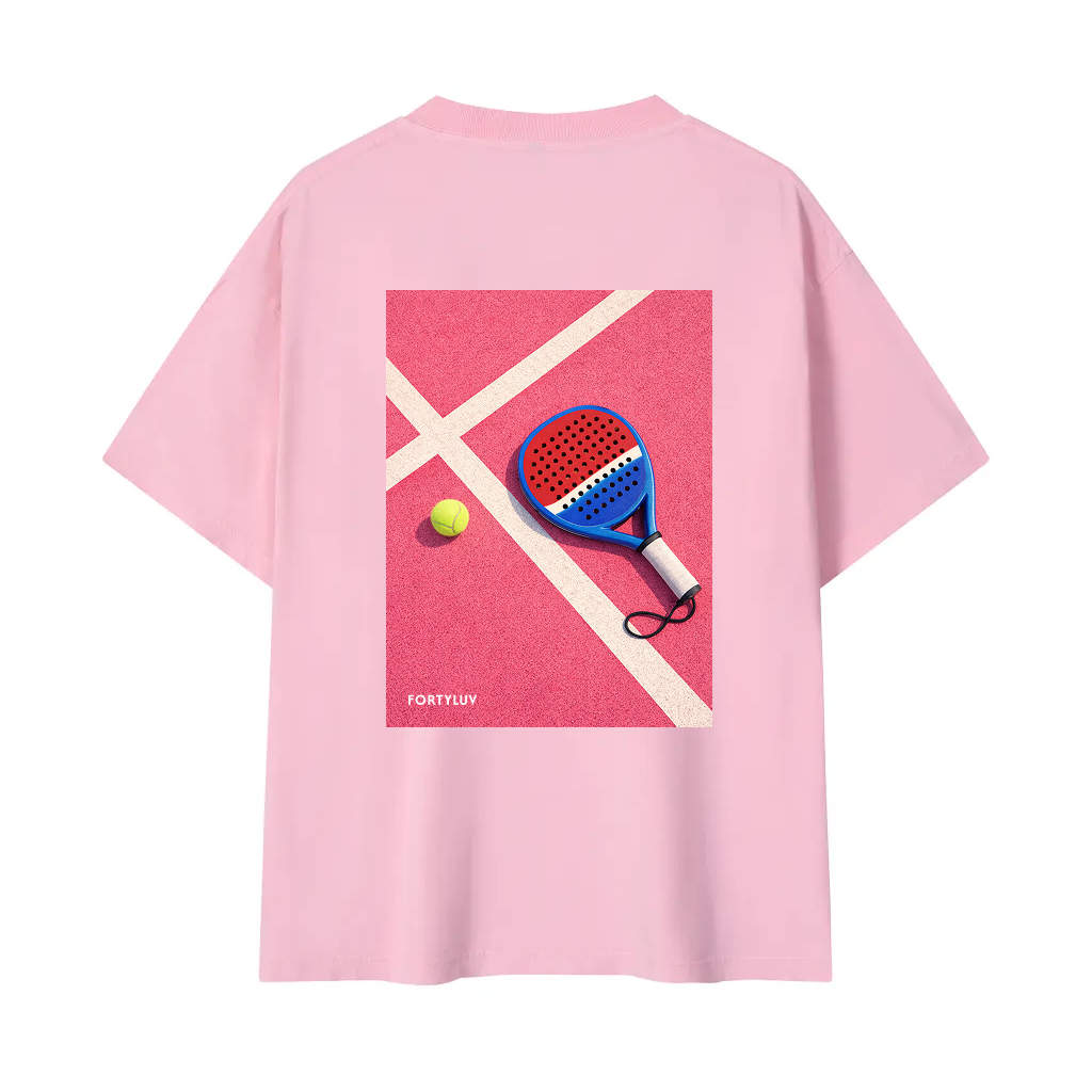 Pink t-shirt with padel racket graphic on the back